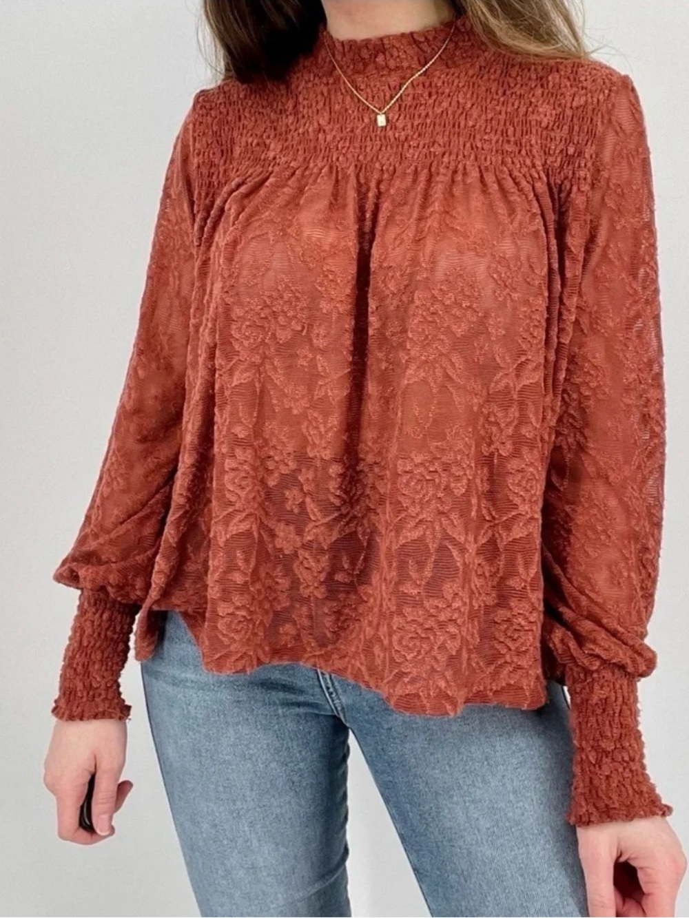 Anthropologie Deletta Amanna Rust Floral Lace Smocked Boho Blouse M